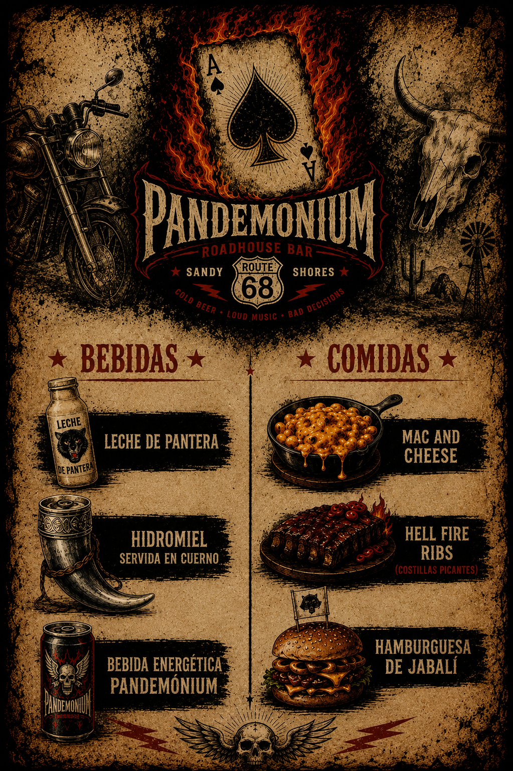 Carta ilustrada de Pandenomium con bebidas y comidas